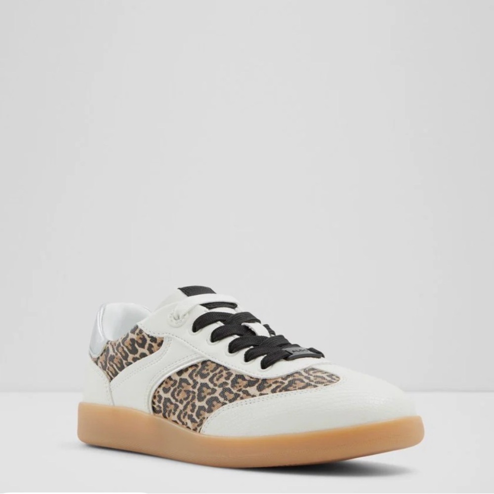 Aldo White Leather Sneakers with Leopard Panels and Black Laces